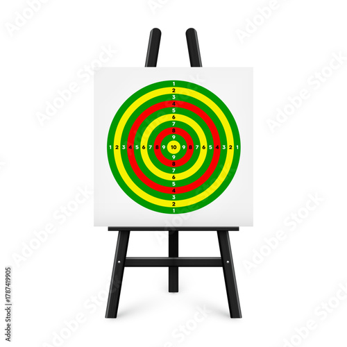 Shooting range target on a wooden easel stand. Paper target with divisions, marks and numbers. Archery, gun shooting and training, sport competition, hunting. Bullseye and aim. Vector illustration.