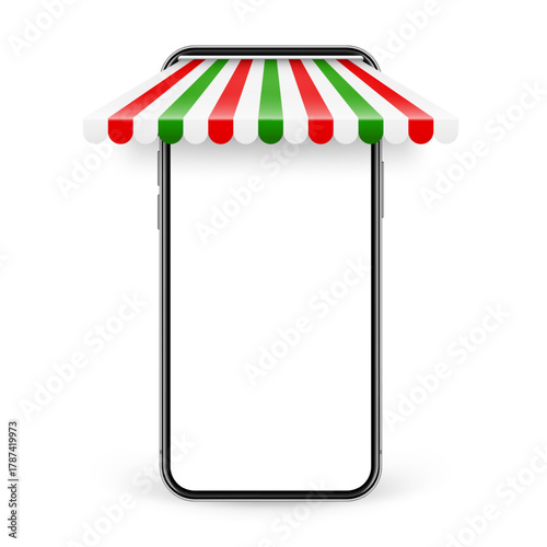 Shop sunshade. Realistic striped cafe awning. Outdoor market tent. Roof canopy in Italian flag colors. Summer street store. Vector illustration.