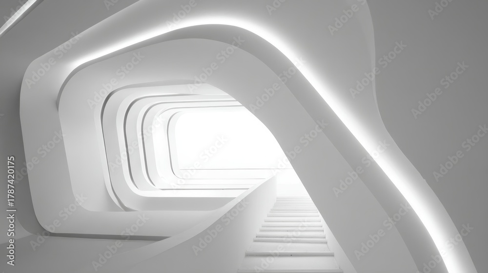 Fototapeta premium Futuristic white interior featuring organically curved walls, a bright light source at the end of a corridor, with gentle lighting enhancing the forms