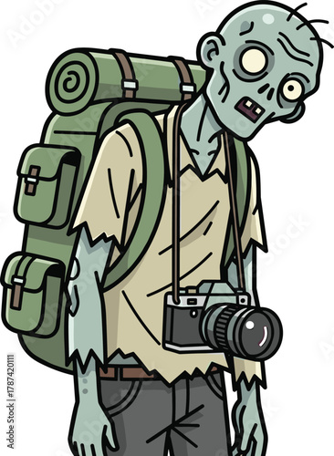 Zombie traveler, cartoon character, horror adventure theme, undead hiker, vintage camera, green backpack, vector illustration, eerie design, creepy tourist, outdoor zombie