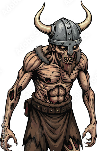 Zombie viking warrior with horned helmet and decayed skin, undead barbarian fighter illustration, horror fantasy character design, detailed dark vector artwork for games