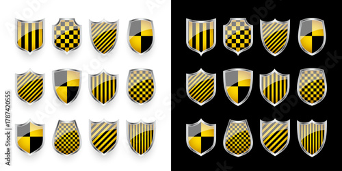 Glossy shield with yellow and black pattern. Security and protection concept. Cyber safety icons, internet privacy, web defense, digital data protection and antivirus themes. Vector illustration.