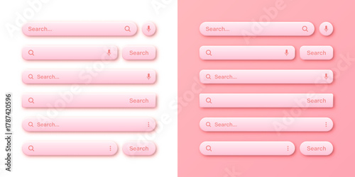 Colorful 3d search bar templates. Internet browser engine with search box, address bar and text field. UI design, website interface element with web icons and push button. Vector illustration.