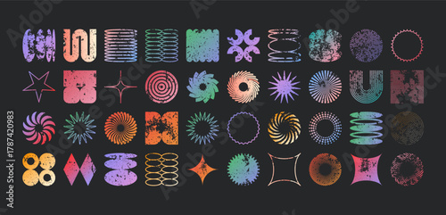 Brutalist geometric shapes, modern grunge symbols. Simple primitive elements and forms, distressed details. Retro design, aged, vintage, trendy contemporary minimalist style, y2k. Vector illustration.