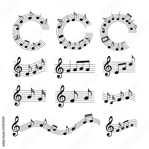 Dynamic vector set of music notes waves with curving staff lines, rhythmic symbols, and melodic swirls, suitable for music posters, concert graphics, and creative artistic compositions.