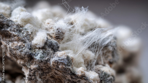 Close up view of asbestos fibers on a rough surface showing the dangerous material in detail view