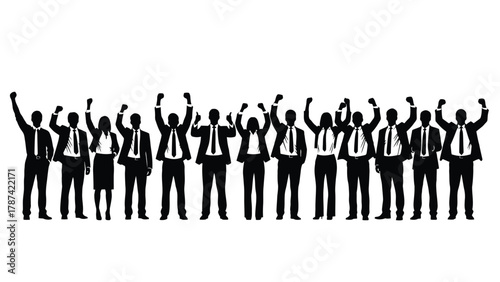 Crowd of Business Professionals Raising Fists in Triumph and Unity Silhouette Vector Illustration