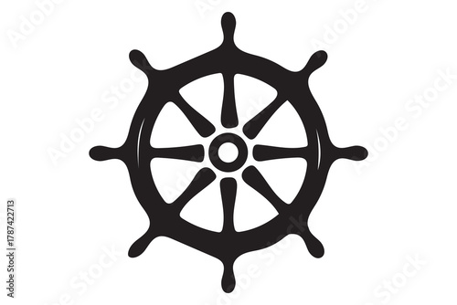 Classic black ship s steering wheel with spokes and handles isolated on white background