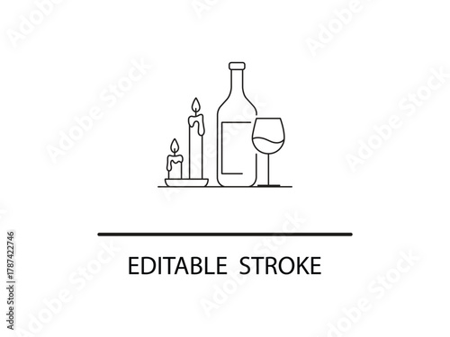 Elegant wine bottle and glass with candles, perfect for romantic nights or cozy gatherings, featuring an editable stroke for easy customization.
