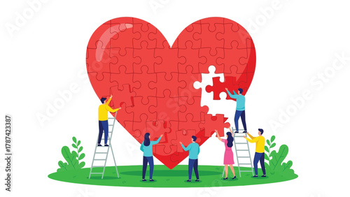 Teamwork building a giant heart puzzle. Collaboration concept for love, relationship, community service, or solution finding.
