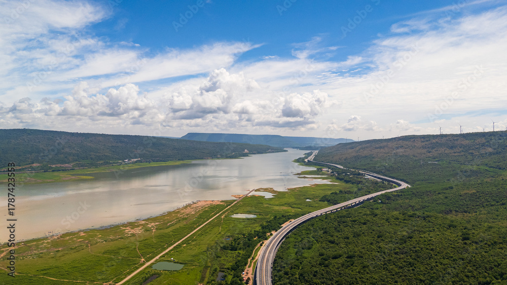 Obraz premium Drone shot The M6 motorway Nakhon Ratchasima Province - Bang Pa-in Lam Ta Khong River and Mountain. Motorway Korat Thailand