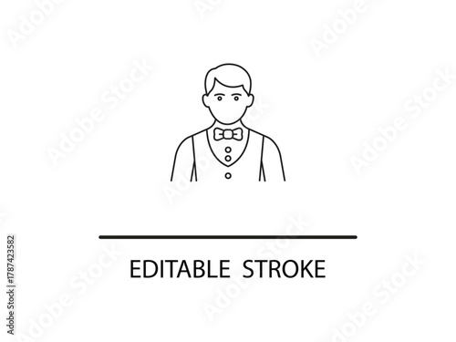 Dapper waiter icon with bow tie and vest, ready for service with editable stroke for easy customization in your designs and promotions today.