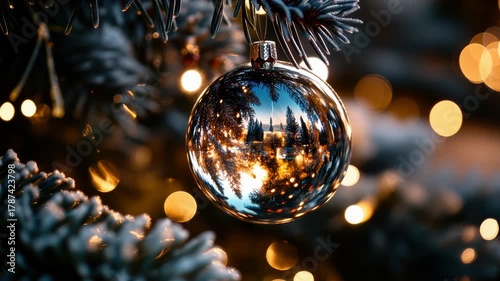 A close-up of a shiny silver Christmas ornament hanging from a pine tree branch. The ornament reflects warm lights and a festive atmosphere.