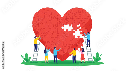 Teamwork Collaboratively Assembling a Giant Red Heart Puzzle. People Working Together to Complete a Jigsaw Puzzle Symbolizing Love, Community, Support, and Relationship Building Concept Vector Illustr