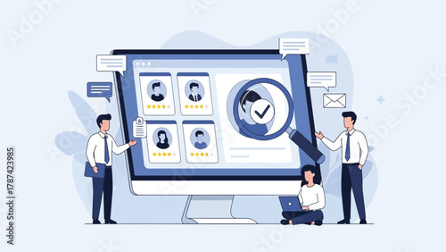 HR Recruitment Process and Candidate Selection Vector Illustration. Human Resources Team Reviewing Online Profiles on a Monitor Screen to Find the Best Employee