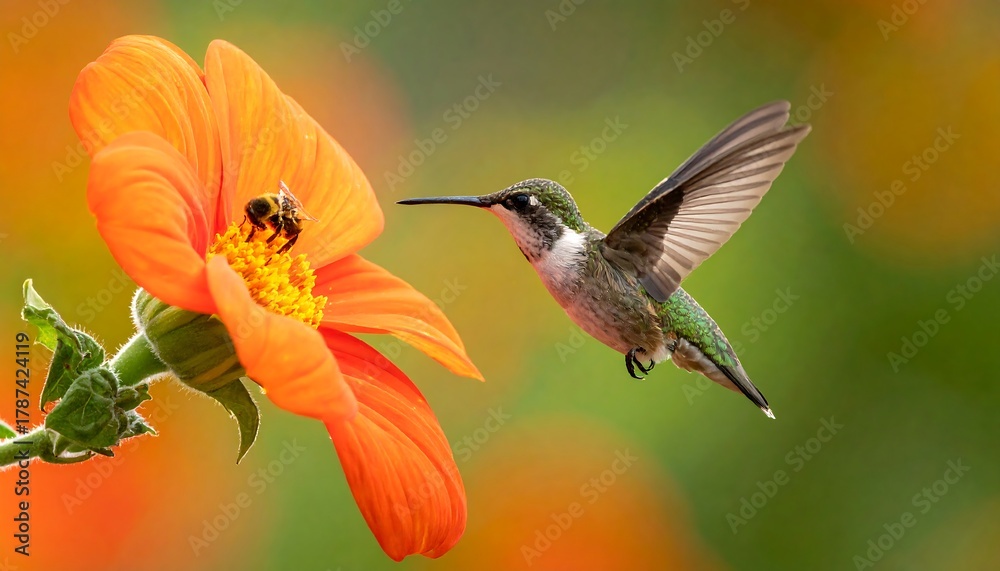 Fototapeta premium Hummingbird approaches a vibrant orange flower, a bee already enjoying its nectar, against a blurred green background