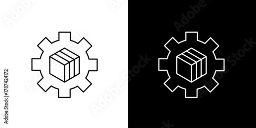 Delivery Box Inside Gear Outline Icon Symbol Representing Logistics And Manufacturing
