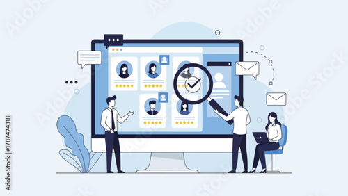 Online Human Resources Recruitment and Candidate Selection Process Vector Illustration. HR team choosing the best applicant profile using a digital review system.