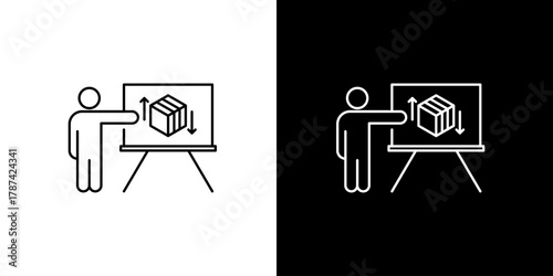 Single icon of Expert presenting scalable box dimensions on a whiteboard, illustrating efficient logistics and inventory management strategies