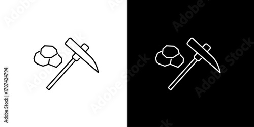 Outline pickaxe and mineral ore icon representing the mining industry. Symbol for excavation, geological work, or resource extraction
