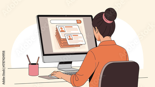 Vector illustration of a woman reviewing profile cards and searching data on a computer screen, concept for HR management or online database search.