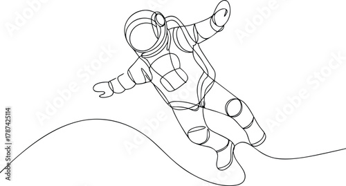 Astronaut floating in space one line drawing zero gravity