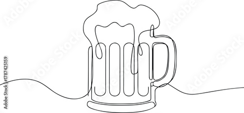 Single line drawing of a beer mug with overflowing foam