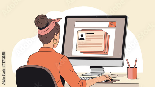 Businesswoman Searching Database Records or Digital Profiles on Computer Monitor Screen