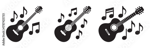 Three black acoustic guitars with musical notes floating around them, representing music and sound.