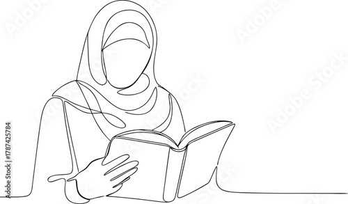 Woman wearing hijab reading an open book line drawing