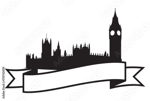 Black silhouette of the London skyline with the Houses of Parliament and a blank white banner for text.