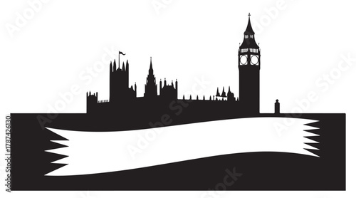 Silhouette of the Houses of Parliament and Big Ben in London with a banner.