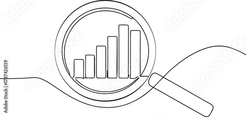 Magnifying glass over rising bar chart graph growth