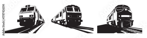 Three black and white illustrations of trains on tracks.