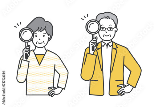 虫眼鏡を持つシニア男女のイラスト素材