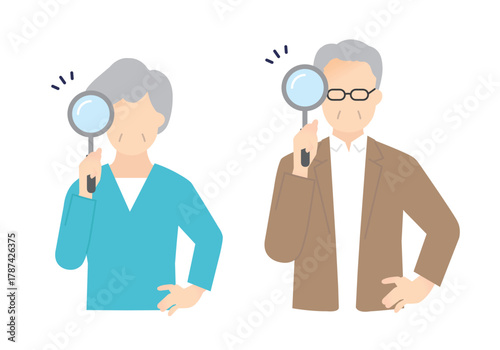 虫眼鏡を持つシニア男女のイラスト素材