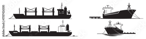 Silhouettes of four cargo ships, two with cranes and two flatbed carriers, docked at sea.