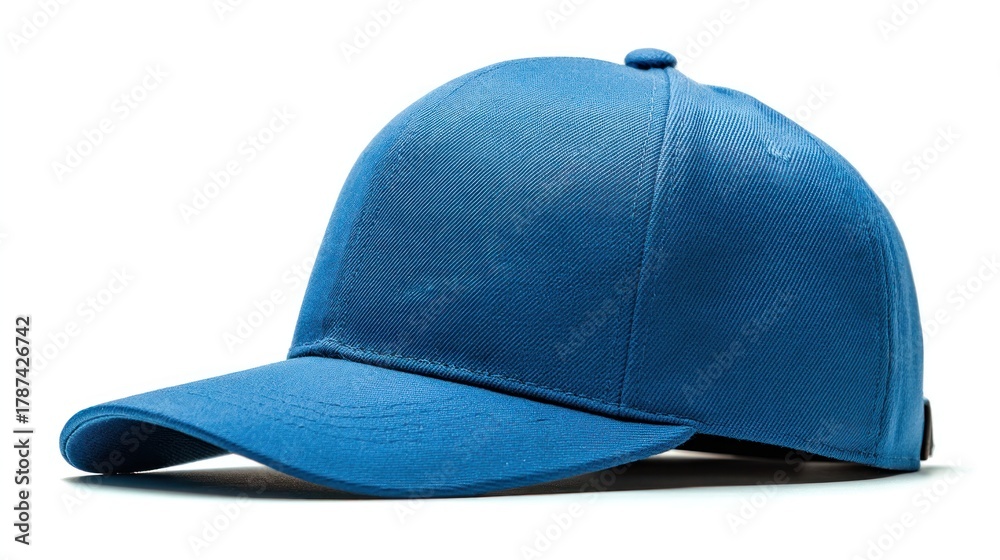 Fototapeta premium A vibrant blue baseball cap, angled slightly to the side, isolated on a clean white background, showcasing its shape and details