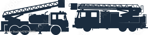 Silhouettes of Two Fire Trucks with Ladders on a White Background fire engine ladder truck