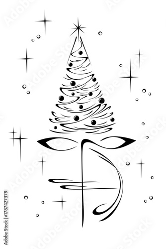 Stylized elegant Christmas tree with an abstract decorative element on a starry background with falling snow