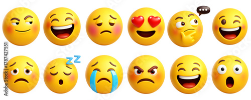 3D emoji icon set. Collection of yellow emoticons with various facial expressions including happy, sad, angry, love, and sleep. Social media reaction symbols isolated on a transparent background. png