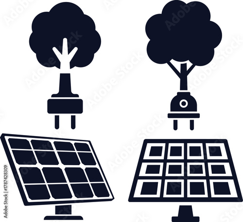 Solar Panels With Trees And Electrical Plugs vector illustration