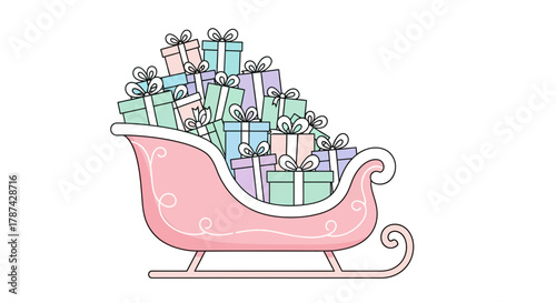 A pink sleigh overflowing with pastel-colored gift boxes tied with white ribbons and bows, ready for delivery.