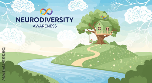 Promote neurodiversity awareness with this charming landscape featuring a treehouse and river, advocating for inclusion and celebration of diverse minds