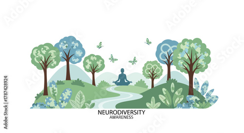 Neurodiversity awareness illustration with person meditating in nature, promoting mindfulness and acceptance in a calming landscape with butterflies