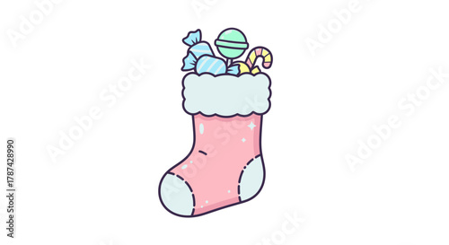 A cute pastel pink Christmas stocking filled with various colorful candies and sweets, cartoon illustration.