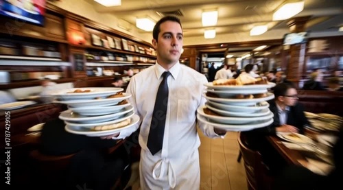 Waiter carrying plates in busy restaurant