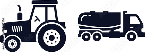 Tractor and Tanker Truck Icons on White Background Keywords: tractor, farm vehicle, agriculture, farming, vehicle, icon, symbol