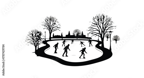 People enjoying a winter ice skating rink surrounded by bare trees and city skyline