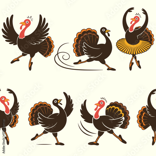 Thanksgiving vector seamless pattern. Dancing turkey digital paper. Funny ballet. Thankful background, wallpaper, backdrop. Ballerina wrapping paper, repeating tile